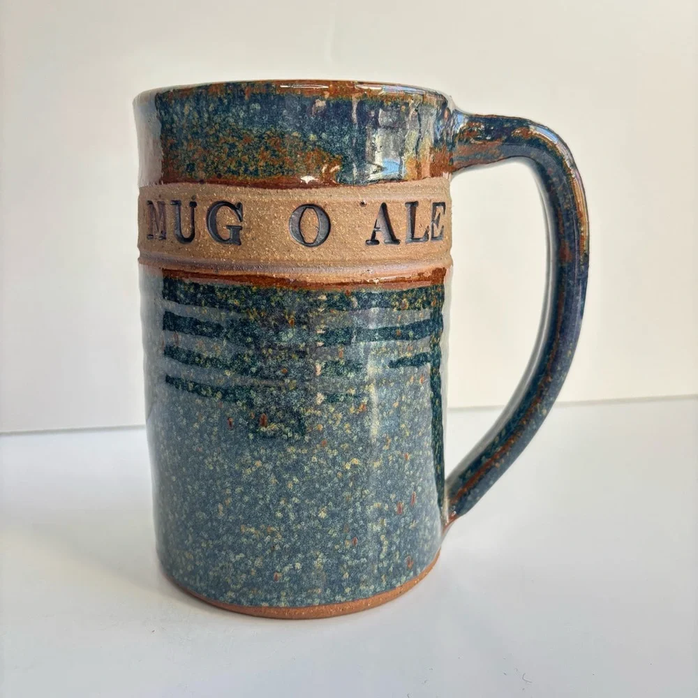 Handcrafted Large Mug-O-Ale Rustic Ceramic Blue Brown Beer Mug Textured‎ Design